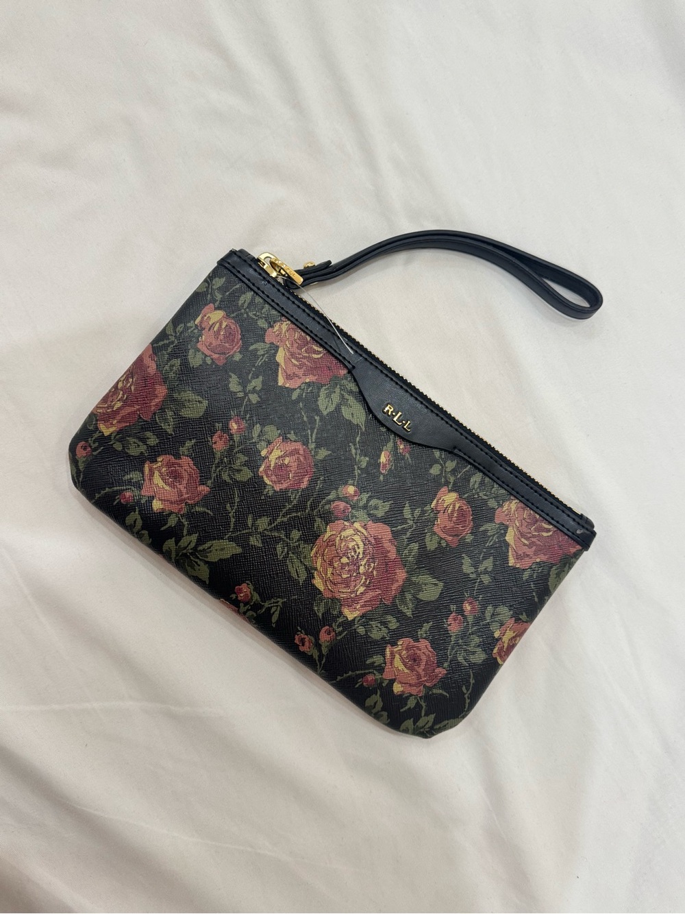Lauren Ralph Lauren Black Floral Wristlet with Rose Print